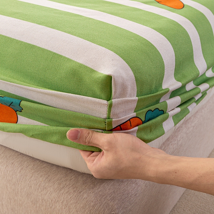 91家纺网 家纺一手货源 找家纺 米柳家纺 2025新款原棉老粗布印花床笠系列 绿萝卜床笠款