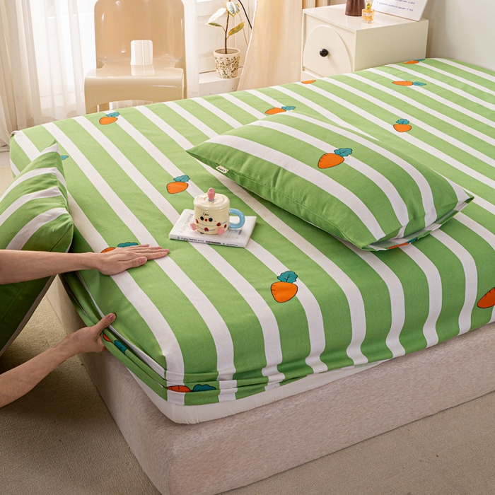 91家纺网 家纺一手货源 找家纺 米柳家纺 2025新款原棉老粗布印花床笠系列 绿萝卜床笠款