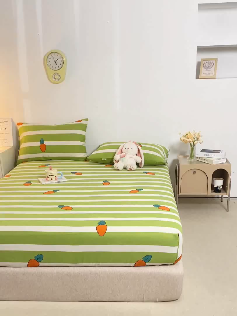 91家纺网 家纺一手货源 找家纺 米柳家纺 2025新款原棉老粗布印花床笠系列 绿萝卜床笠款