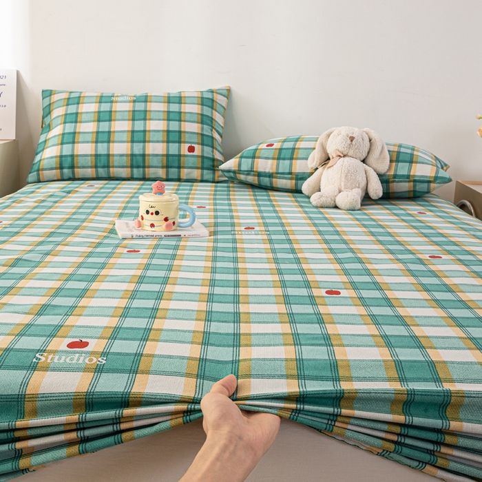 米柳家纺 2025新款原棉老粗布印花床笠系列 绿小格床笠款