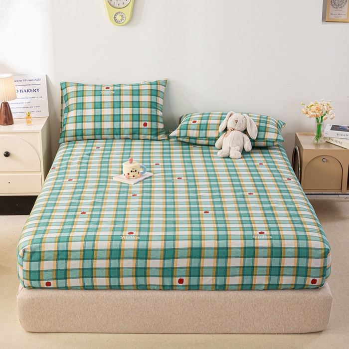 91家纺网 家纺一手货源 找家纺 米柳家纺 2025新款原棉老粗布印花床笠系列 绿小格床笠款