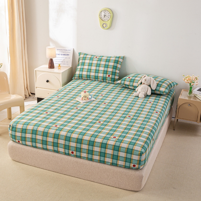 91家纺网 家纺一手货源 找家纺 米柳家纺 2025新款原棉老粗布印花床笠系列 绿小格床笠款