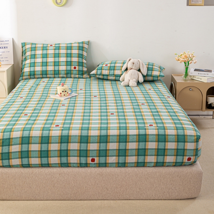 91家纺网 家纺一手货源 找家纺 米柳家纺 2025新款原棉老粗布印花床笠系列 绿小格床笠款