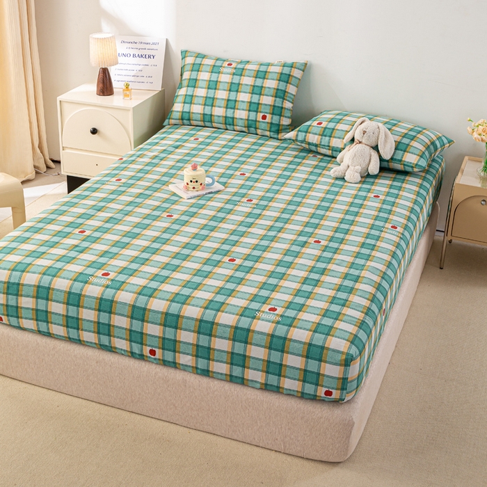 91家纺网 家纺一手货源 找家纺 米柳家纺 2025新款原棉老粗布印花床笠系列 绿小格床笠款