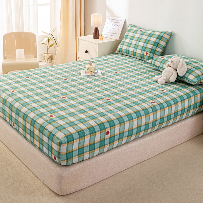 91家纺网 家纺一手货源 找家纺 米柳家纺 2025新款原棉老粗布印花床笠系列 绿小格床笠款