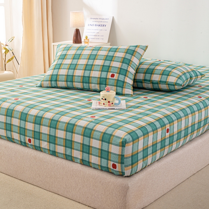 91家纺网 家纺一手货源 找家纺 米柳家纺 2025新款原棉老粗布印花床笠系列 绿小格床笠款