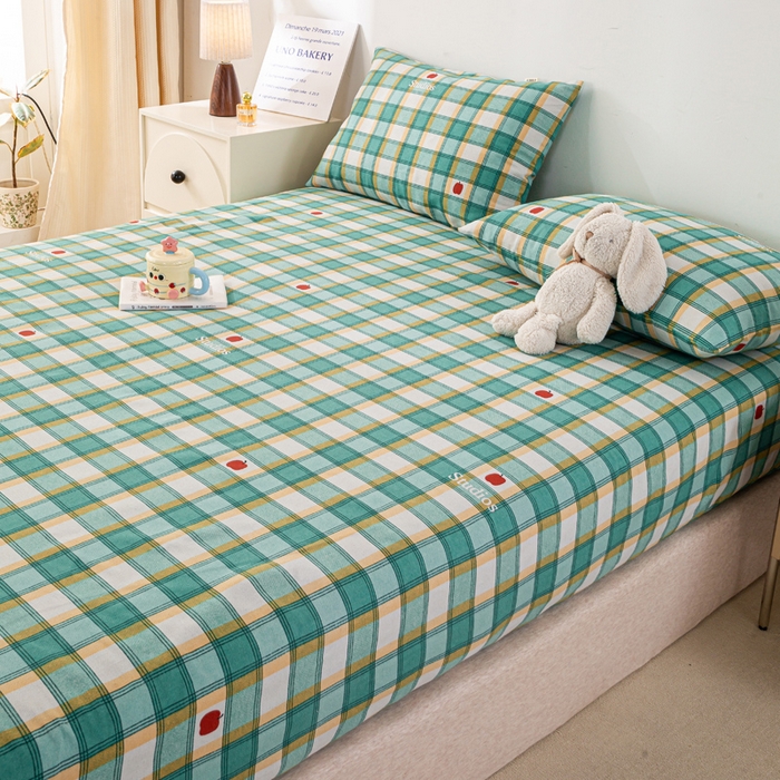 91家纺网 家纺一手货源 找家纺 米柳家纺 2025新款原棉老粗布印花床笠系列 绿小格床笠款