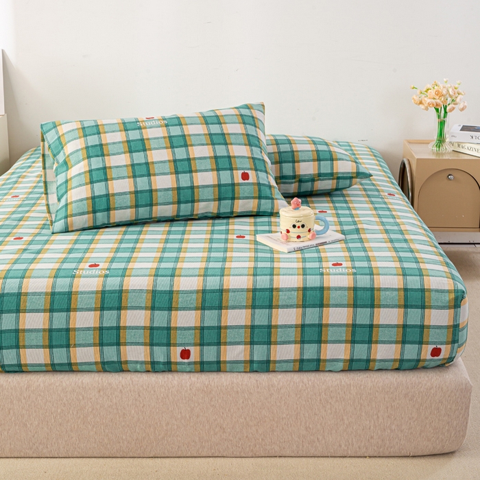 91家纺网 家纺一手货源 找家纺 米柳家纺 2025新款原棉老粗布印花床笠系列 绿小格床笠款