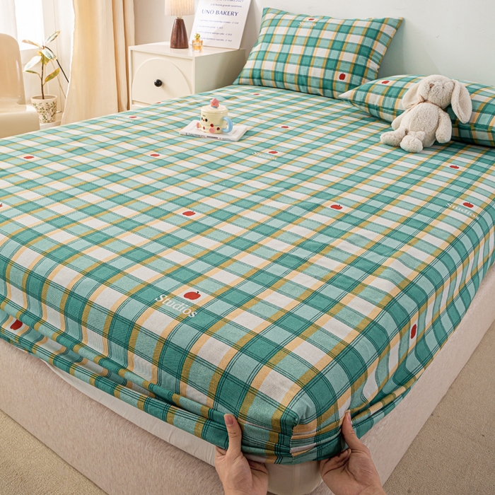 91家纺网 家纺一手货源 找家纺 米柳家纺 2025新款原棉老粗布印花床笠系列 绿小格床笠款