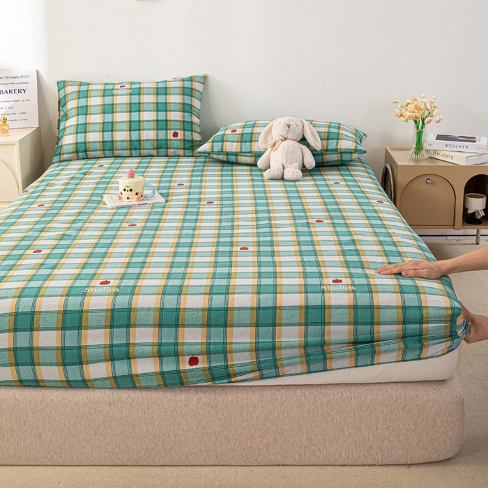 91家纺网 家纺一手货源 找家纺 米柳家纺 2025新款原棉老粗布印花床笠系列 绿小格床笠款