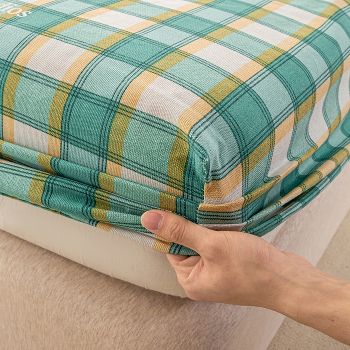 91家纺网 家纺一手货源 找家纺 米柳家纺 2025新款原棉老粗布印花床笠系列 绿小格床笠款