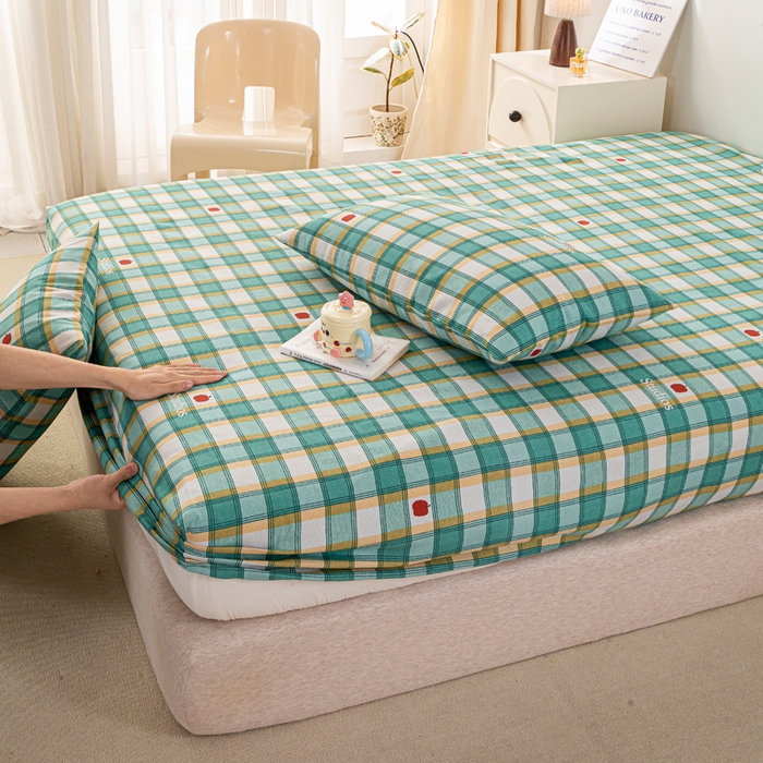 91家纺网 家纺一手货源 找家纺 米柳家纺 2025新款原棉老粗布印花床笠系列 绿小格床笠款