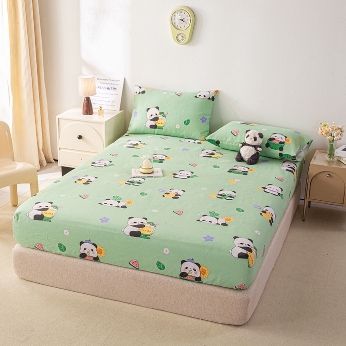 91家纺网 家纺一手货源 找家纺 米柳家纺 2025新款原棉老粗布印花床笠系列 绿熊猫床笠款