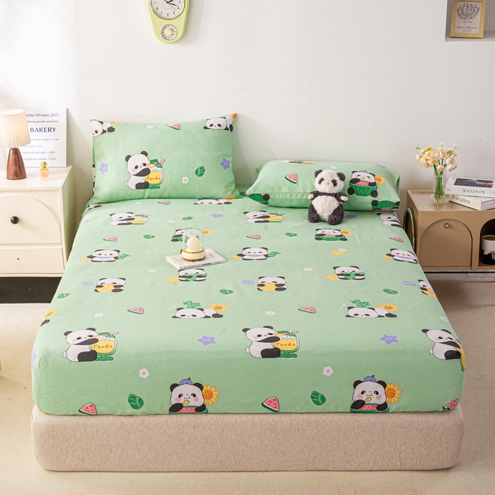 91家纺网 家纺一手货源 找家纺 米柳家纺 2025新款原棉老粗布印花床笠系列 绿熊猫床笠款