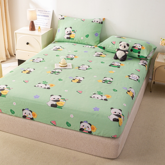 91家纺网 家纺一手货源 找家纺 米柳家纺 2025新款原棉老粗布印花床笠系列 绿熊猫床笠款