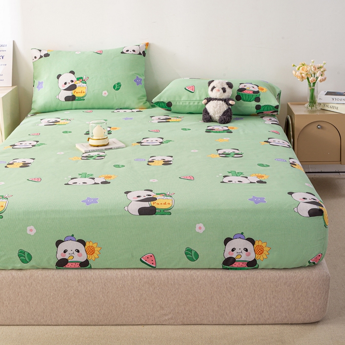 91家纺网 家纺一手货源 找家纺 米柳家纺 2025新款原棉老粗布印花床笠系列 绿熊猫床笠款