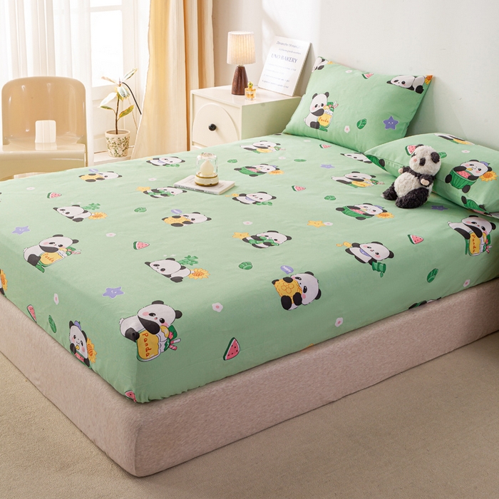 91家纺网 家纺一手货源 找家纺 米柳家纺 2025新款原棉老粗布印花床笠系列 绿熊猫床笠款