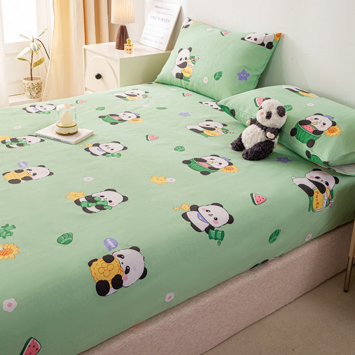 91家纺网 家纺一手货源 找家纺 米柳家纺 2025新款原棉老粗布印花床笠系列 绿熊猫床笠款