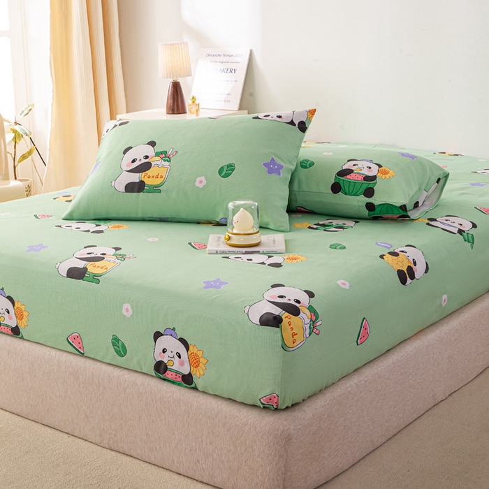 91家纺网 家纺一手货源 找家纺 米柳家纺 2025新款原棉老粗布印花床笠系列 绿熊猫床笠款