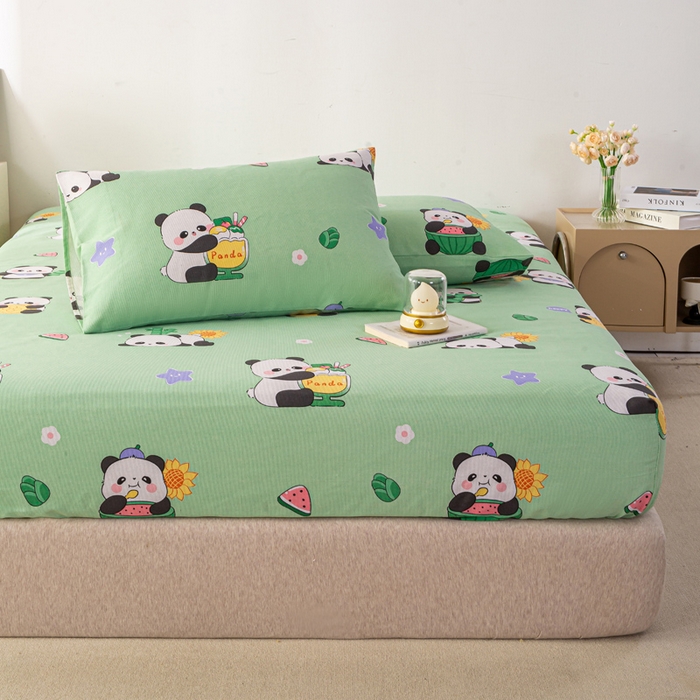 91家纺网 家纺一手货源 找家纺 米柳家纺 2025新款原棉老粗布印花床笠系列 绿熊猫床笠款