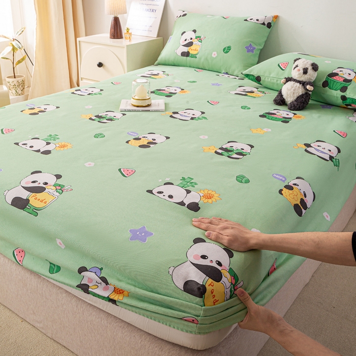 91家纺网 家纺一手货源 找家纺 米柳家纺 2025新款原棉老粗布印花床笠系列 绿熊猫床笠款