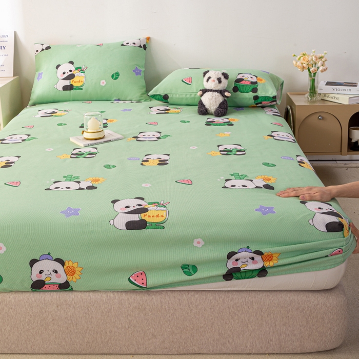 91家纺网 家纺一手货源 找家纺 米柳家纺 2025新款原棉老粗布印花床笠系列 绿熊猫床笠款