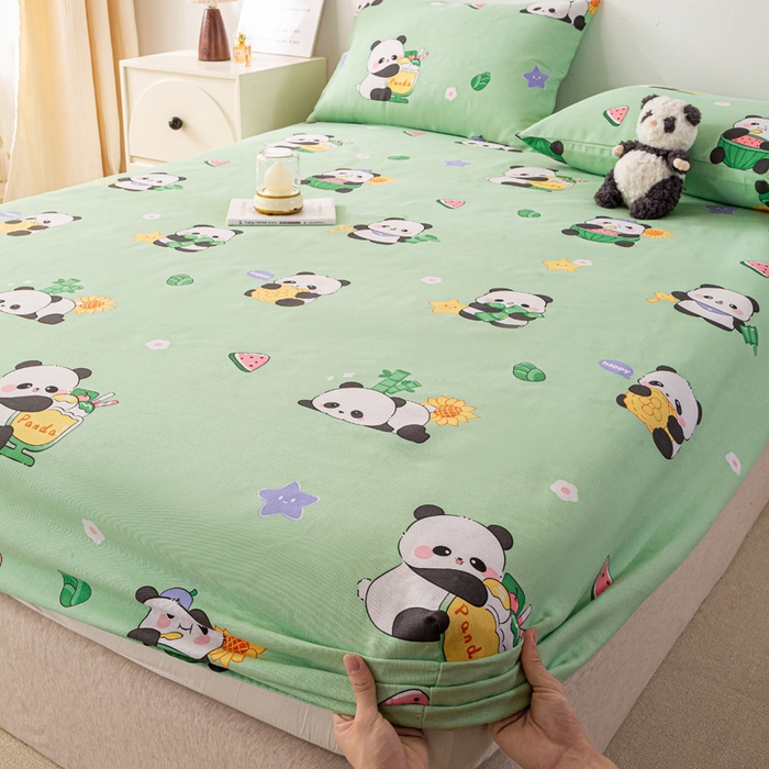 91家纺网 家纺一手货源 找家纺 米柳家纺 2025新款原棉老粗布印花床笠系列 绿熊猫床笠款