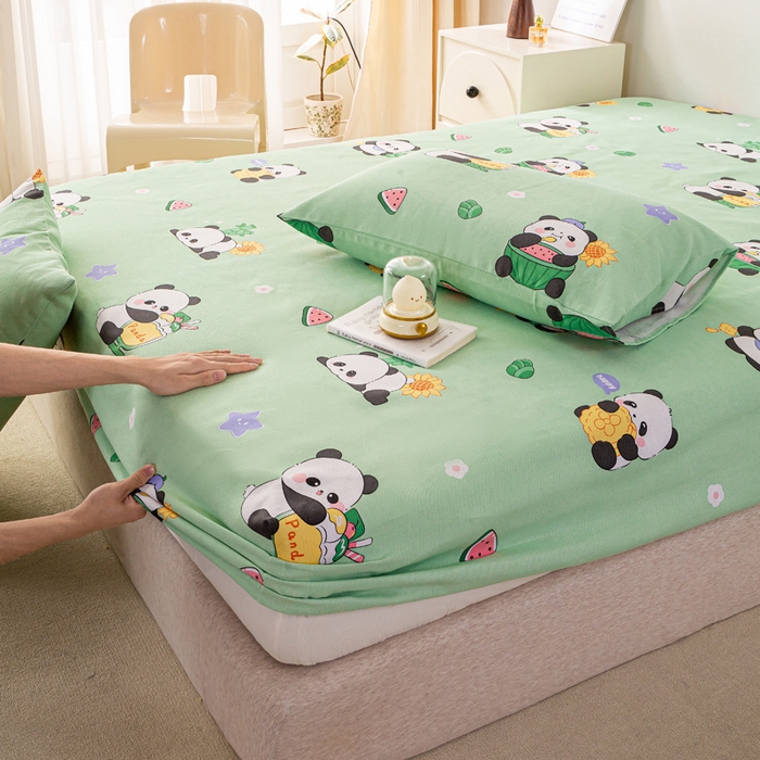 91家纺网 家纺一手货源 找家纺 米柳家纺 2025新款原棉老粗布印花床笠系列 绿熊猫床笠款