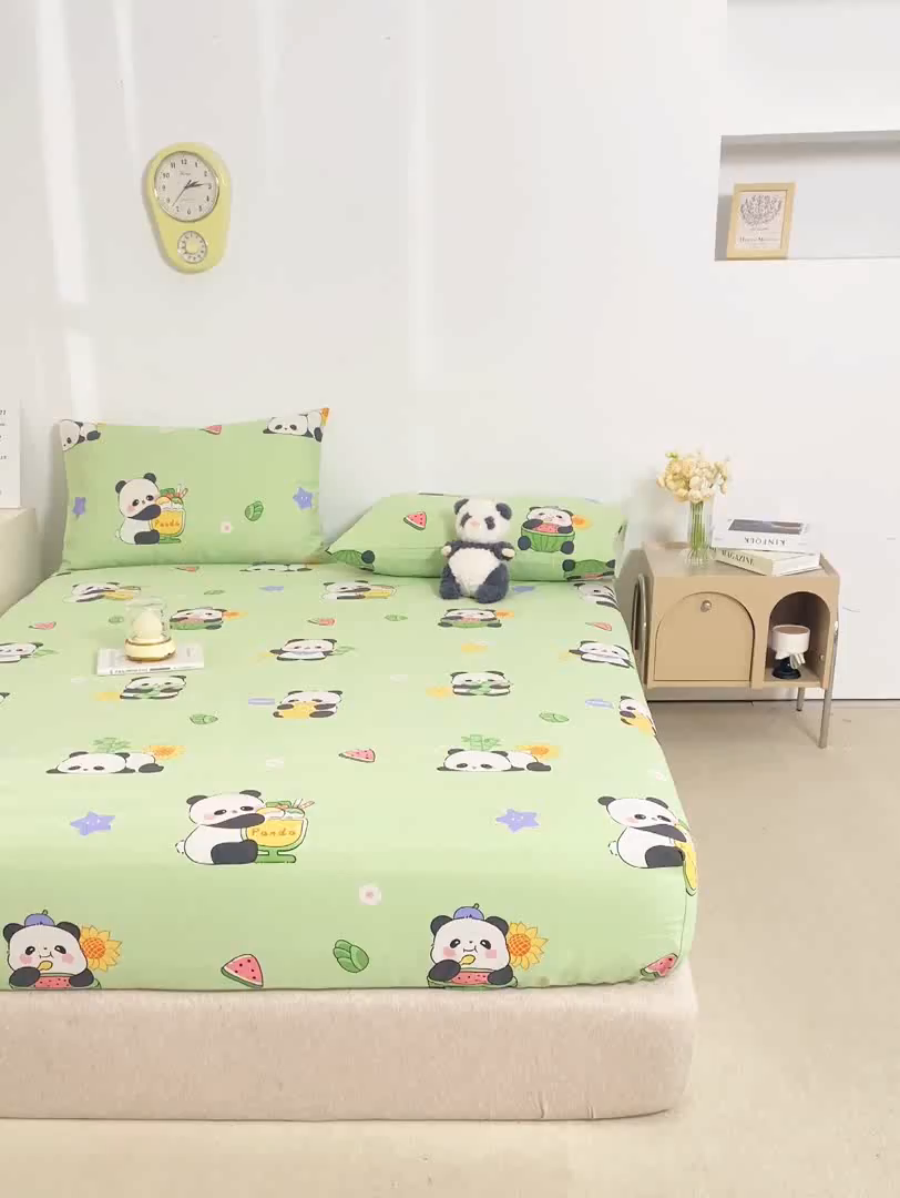 91家纺网 家纺一手货源 找家纺 米柳家纺 2025新款原棉老粗布印花床笠系列 绿熊猫床笠款