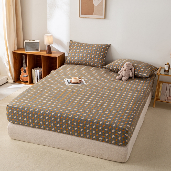 91家纺网 家纺一手货源 找家纺 米柳家纺 2025新款原棉老粗布印花床笠系列 摩尔床笠款