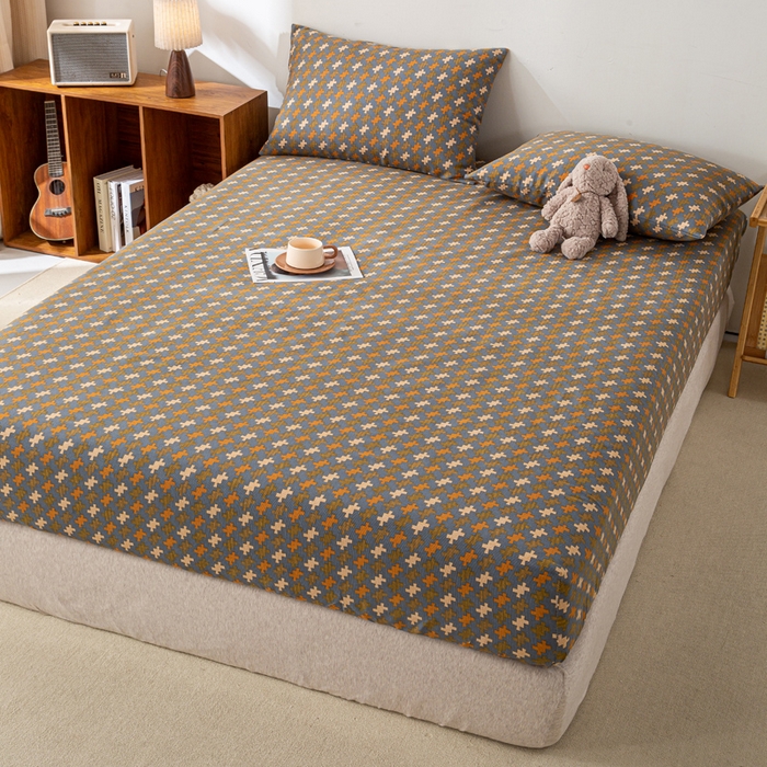 91家纺网 家纺一手货源 找家纺 米柳家纺 2025新款原棉老粗布印花床笠系列 摩尔床笠款