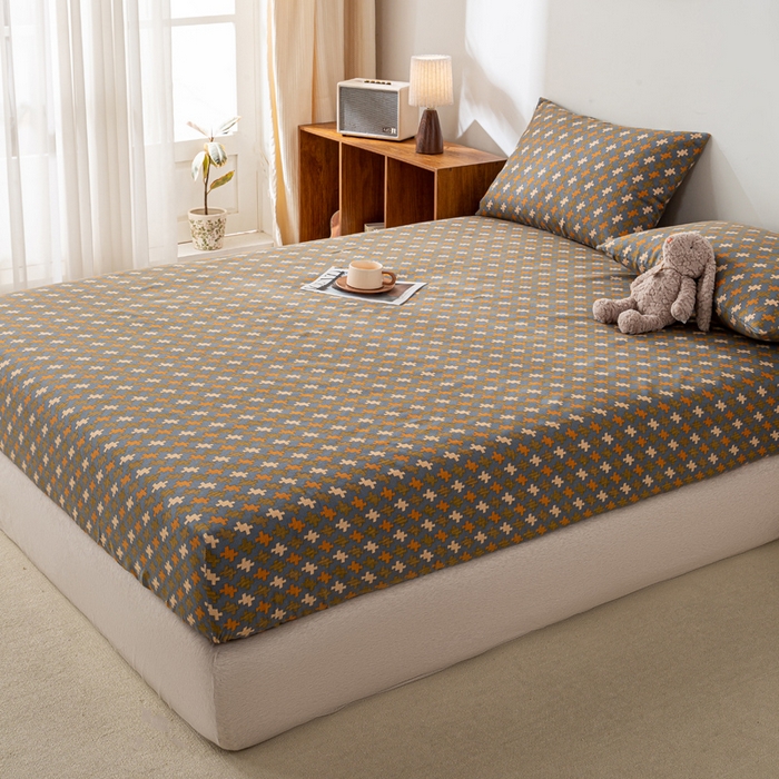 91家纺网 家纺一手货源 找家纺 米柳家纺 2025新款原棉老粗布印花床笠系列 摩尔床笠款