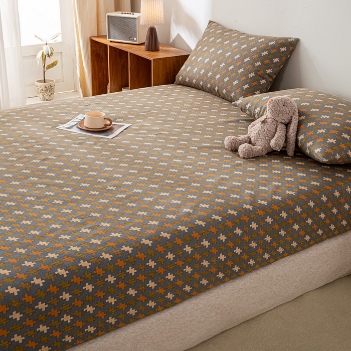 91家纺网 家纺一手货源 找家纺 米柳家纺 2025新款原棉老粗布印花床笠系列 摩尔床笠款