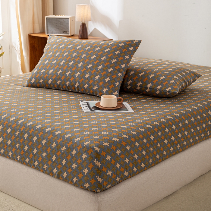 91家纺网 家纺一手货源 找家纺 米柳家纺 2025新款原棉老粗布印花床笠系列 摩尔床笠款