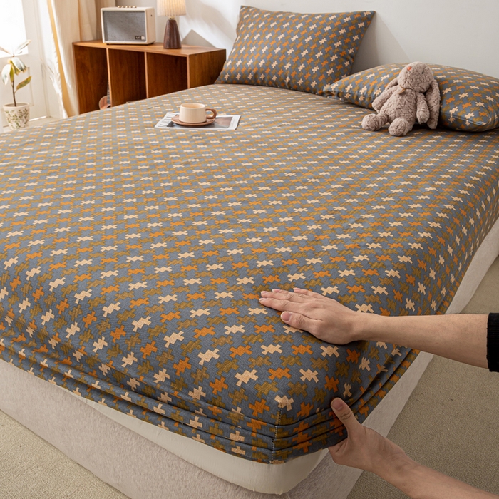 91家纺网 家纺一手货源 找家纺 米柳家纺 2025新款原棉老粗布印花床笠系列 摩尔床笠款