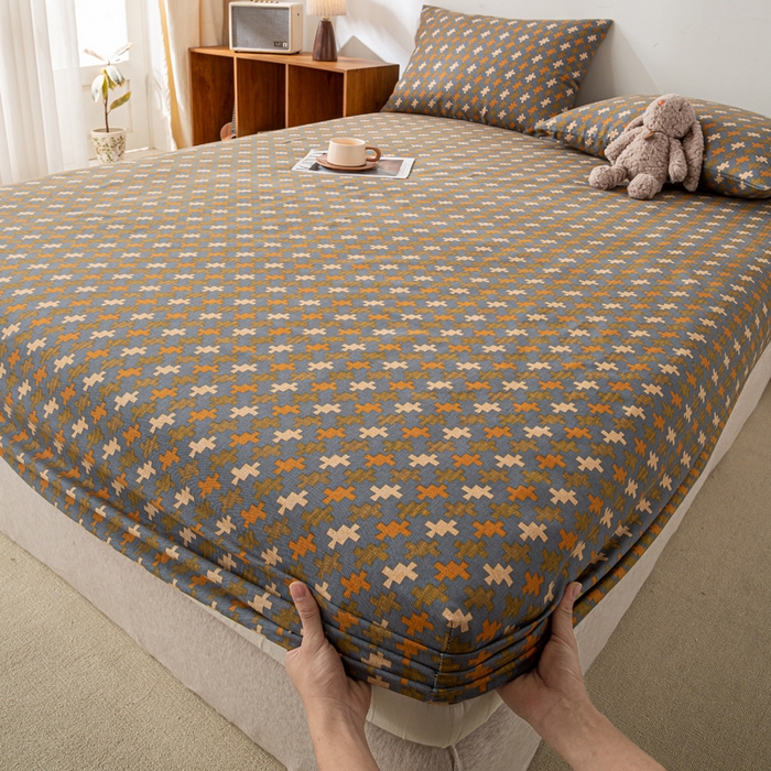 91家纺网 家纺一手货源 找家纺 米柳家纺 2025新款原棉老粗布印花床笠系列 摩尔床笠款