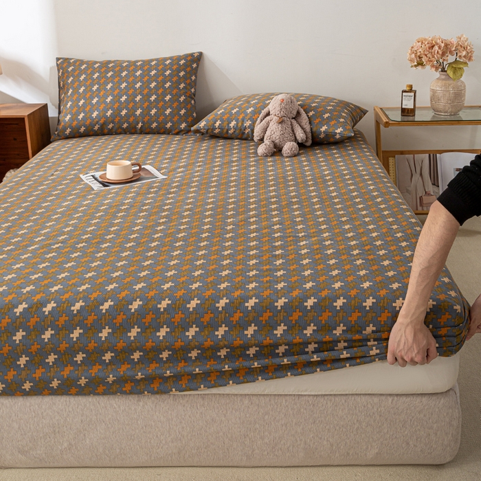 91家纺网 家纺一手货源 找家纺 米柳家纺 2025新款原棉老粗布印花床笠系列 摩尔床笠款