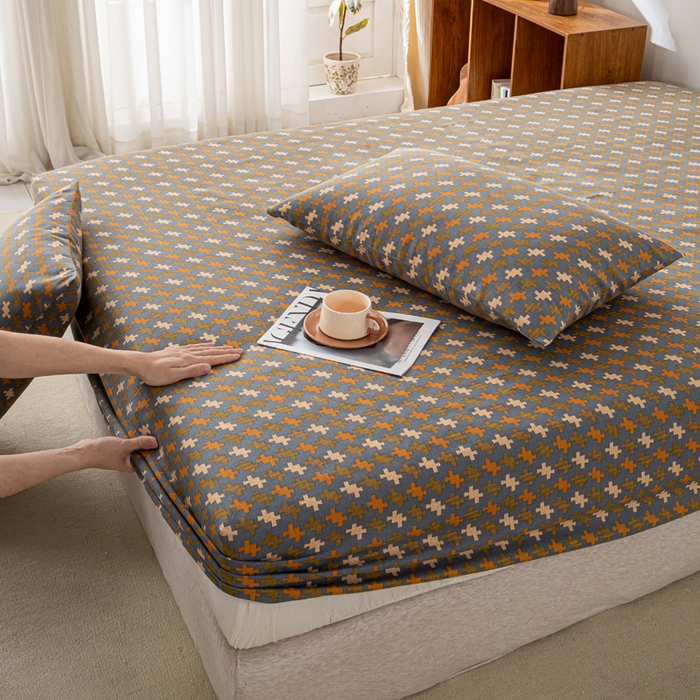 91家纺网 家纺一手货源 找家纺 米柳家纺 2025新款原棉老粗布印花床笠系列 摩尔床笠款