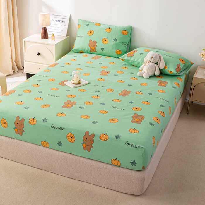 91家纺网 家纺一手货源 找家纺 米柳家纺 2025新款原棉老粗布印花床笠系列 南瓜熊床笠款