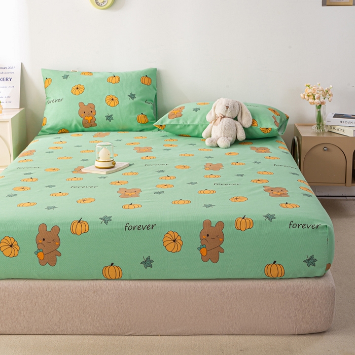 91家纺网 家纺一手货源 找家纺 米柳家纺 2025新款原棉老粗布印花床笠系列 南瓜熊床笠款