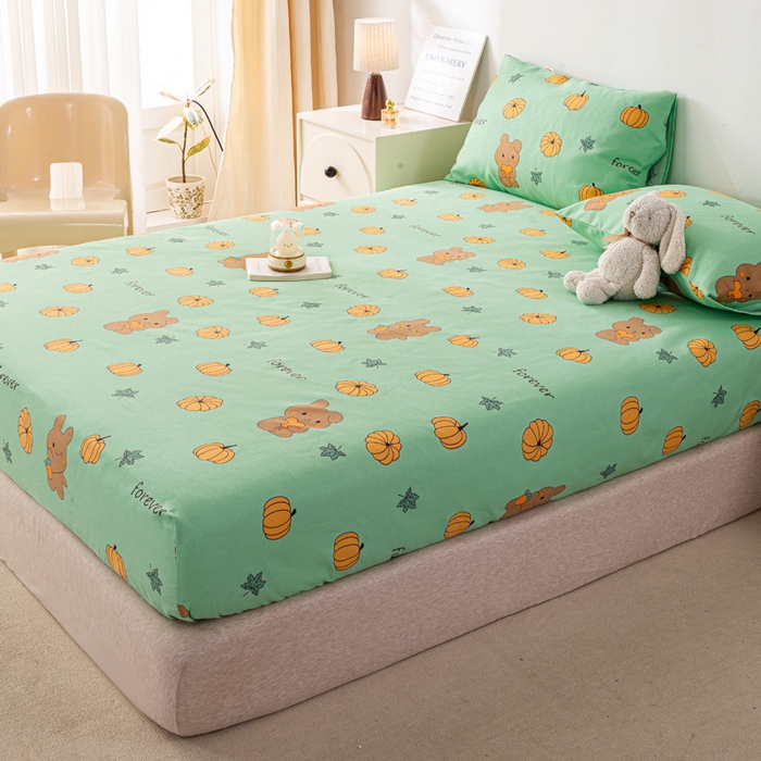 91家纺网 家纺一手货源 找家纺 米柳家纺 2025新款原棉老粗布印花床笠系列 南瓜熊床笠款