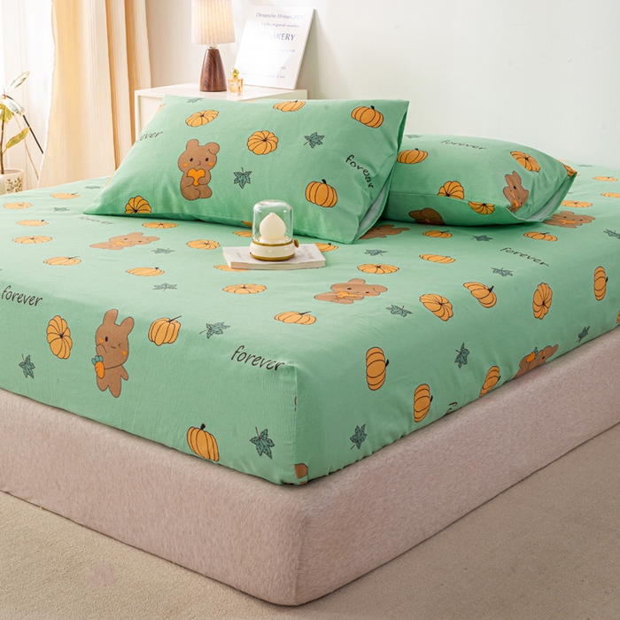 91家纺网 家纺一手货源 找家纺 米柳家纺 2025新款原棉老粗布印花床笠系列 南瓜熊床笠款