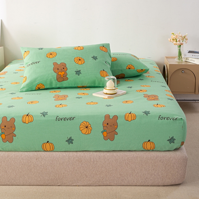 91家纺网 家纺一手货源 找家纺 米柳家纺 2025新款原棉老粗布印花床笠系列 南瓜熊床笠款