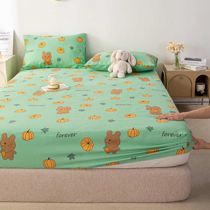 91家纺网 家纺一手货源 找家纺 米柳家纺 2025新款原棉老粗布印花床笠系列 南瓜熊床笠款