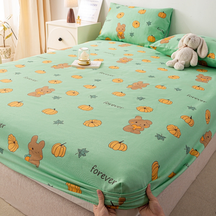 91家纺网 家纺一手货源 找家纺 米柳家纺 2025新款原棉老粗布印花床笠系列 南瓜熊床笠款