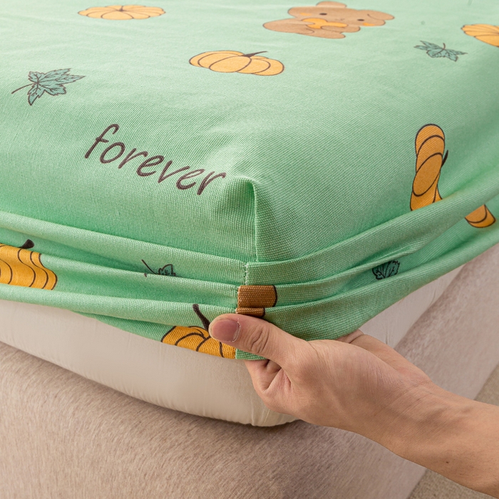 91家纺网 家纺一手货源 找家纺 米柳家纺 2025新款原棉老粗布印花床笠系列 南瓜熊床笠款