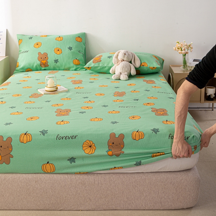 91家纺网 家纺一手货源 找家纺 米柳家纺 2025新款原棉老粗布印花床笠系列 南瓜熊床笠款