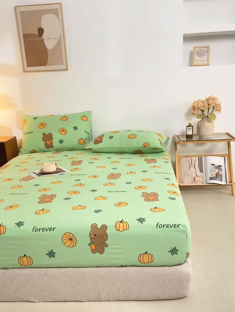 91家纺网 家纺一手货源 找家纺 米柳家纺 2025新款原棉老粗布印花床笠系列 南瓜熊床笠款