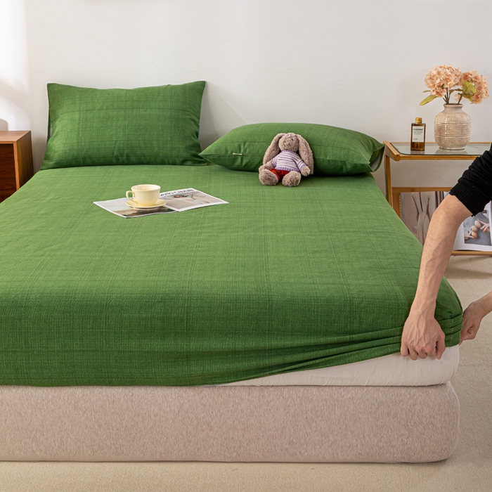 91家纺网 家纺一手货源 找家纺 米柳家纺 2025新款原棉老粗布印花床笠系列 尚影绿床笠款