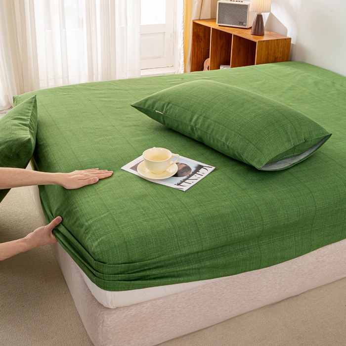 91家纺网 家纺一手货源 找家纺 米柳家纺 2025新款原棉老粗布印花床笠系列 尚影绿床笠款